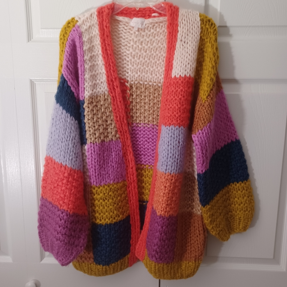 Entro Color block Patchwork Knit Open Cardigan Sweater